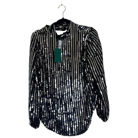 NWT RIXO Moss Black Silver Sequin Stripe Neck Tie Top Size Small Party Holiday - Picture 3 of 10